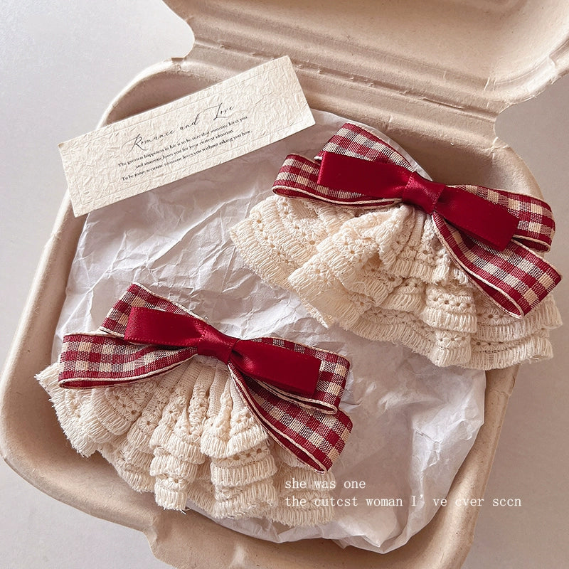 Sweet Gingham Ribbon & Lace Bow Hair Clip