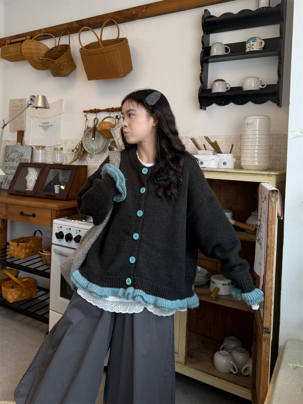 Retro Japanese Contrast Knit Sweater Jacket