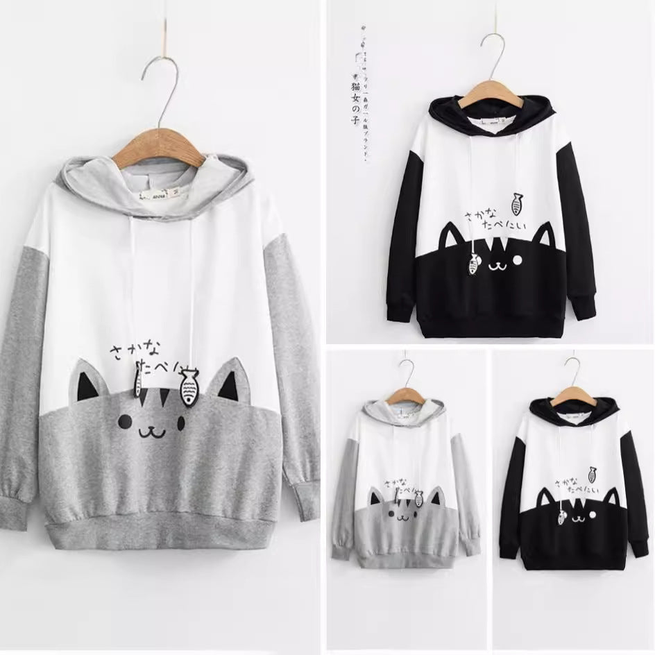 Kawaii Cat Hoodie with Fish Print & Ears