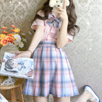 Pastel Plaid JK Skirt with Bow Tie Accent - kawaii-inspired outfit in pastel colors - 1660829