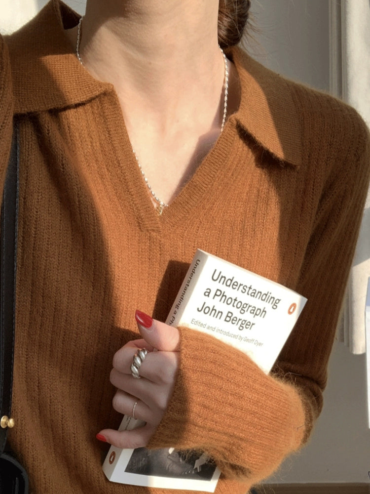 French Soft V-Neck Long-Sleeve Knit Sweater