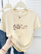 Cute Cartoon Shoulder Print Short Sleeve Tee - kawaii-inspired outfit in pastel colors - 73673988