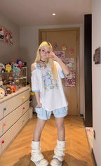 Cute Slanted Shoulder Cotton T-Shirt - kawaii-inspired outfit in pastel colors - 65502931
