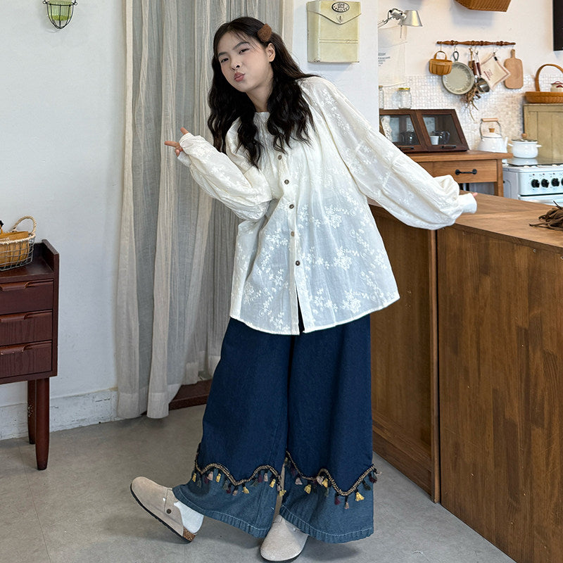 Plus Size Lace Vest Embroidered Shirt & Jeans Set - kawaii-inspired outfit in pastel colors - 10026014