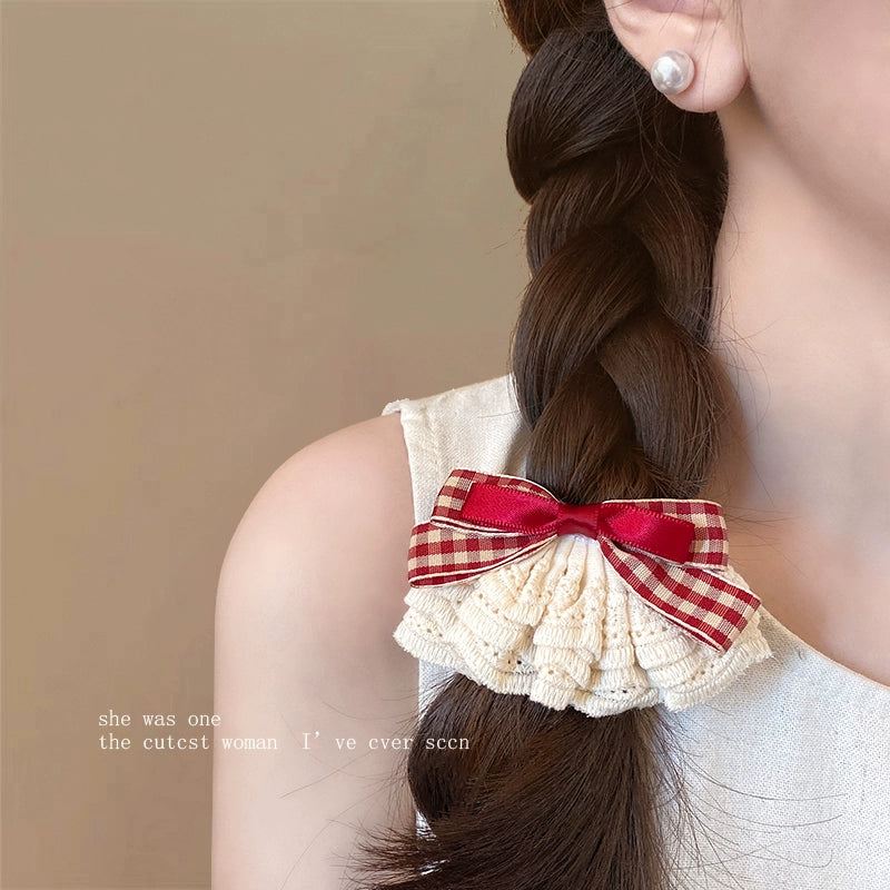 Sweet Gingham Ribbon & Lace Bow Hair Clip