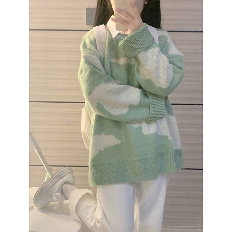 Pastel Camouflage Knit Sweater Top - kawaii-inspired outfit in pastel colors - 42715184