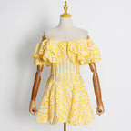 Embroidered Off-Shoulder Eyelet Mini Dress - kawaii-inspired outfit in pastel colors - 95936767