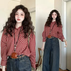 Retro Red Plaid Long-Sleeve Shirt - kawaii-inspired outfit in pastel colors - 56774075