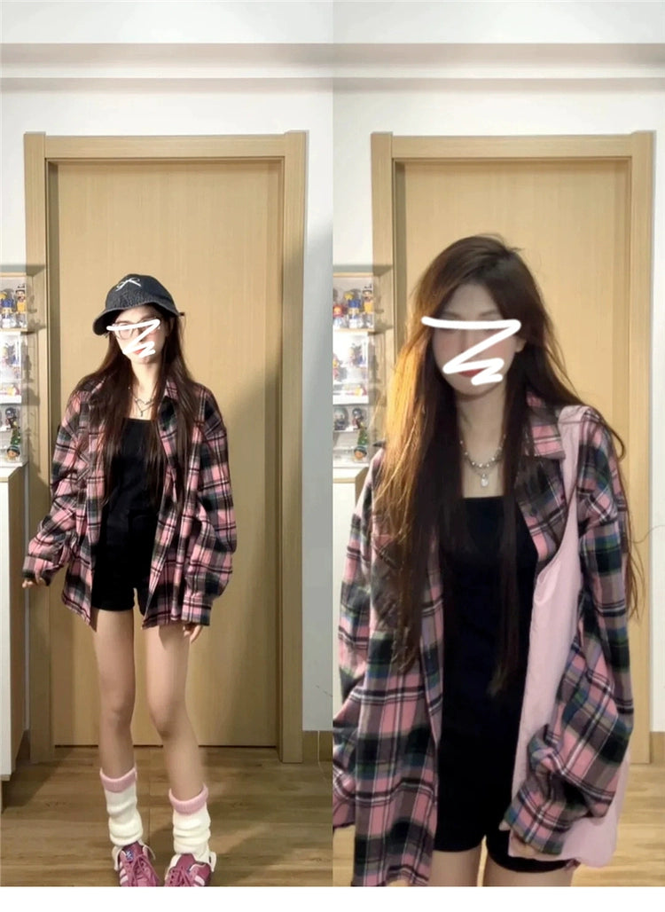Oversize Vintage Plaid Shirt Jacket - kawaii-inspired outfit in pastel colors - 58037725