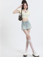 High-Waisted Denim Overlap Skort - kawaii-inspired outfit in pastel colors - 86241170
