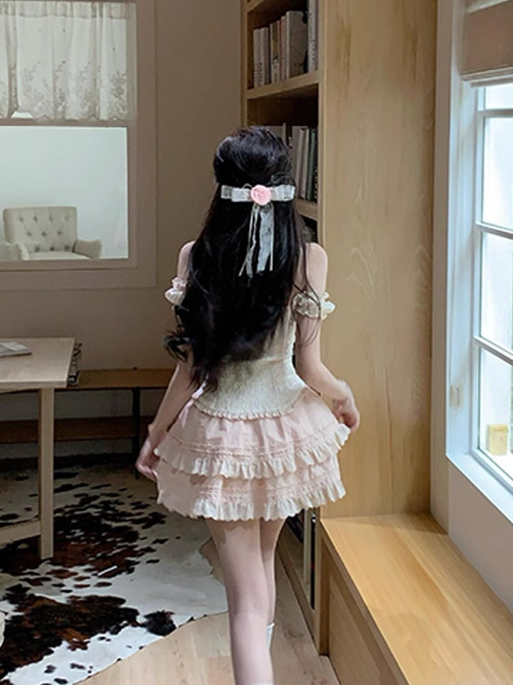 French Sweet Lace Two-Piece Skirt Set - kawaii-inspired outfit in pastel colors - 714625