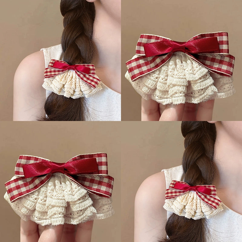 Sweet Gingham Ribbon & Lace Bow Hair Clip