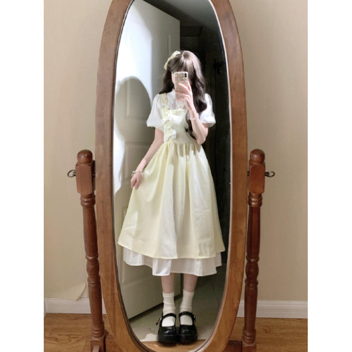 Lemon Cream Layered Bow Dress