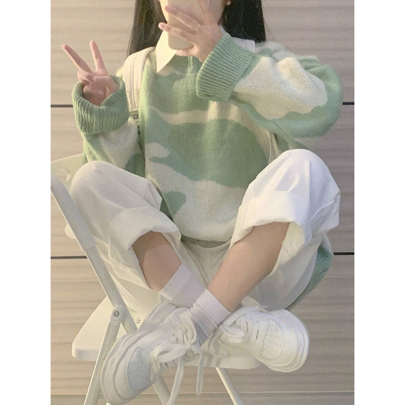 Pastel Camouflage Knit Sweater Top - kawaii-inspired outfit in pastel colors - 22255085