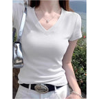 V-Neck Straight-Shoulder Slim Tee - kawaii-inspired outfit in pastel colors - 24980410