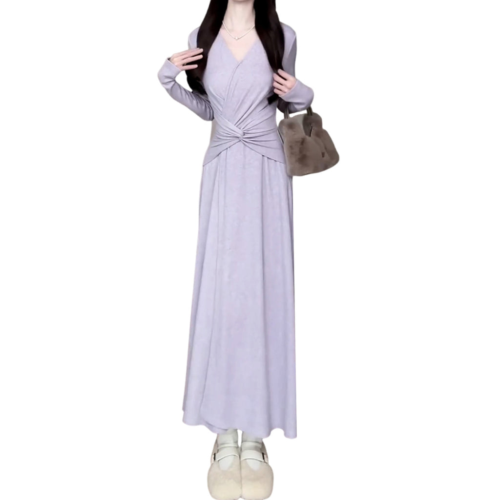 Purple Pinch-Waist Knit Long Dress