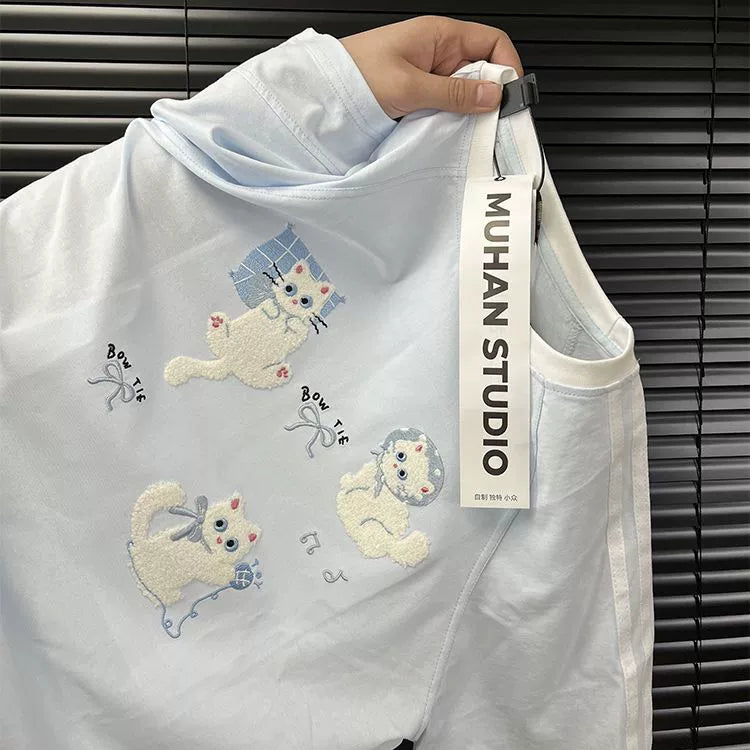 Pink Towel-Embroidered Cat Raglan Tee