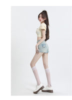 High-Waisted Denim Overlap Skort - kawaii-inspired outfit in pastel colors - 521982