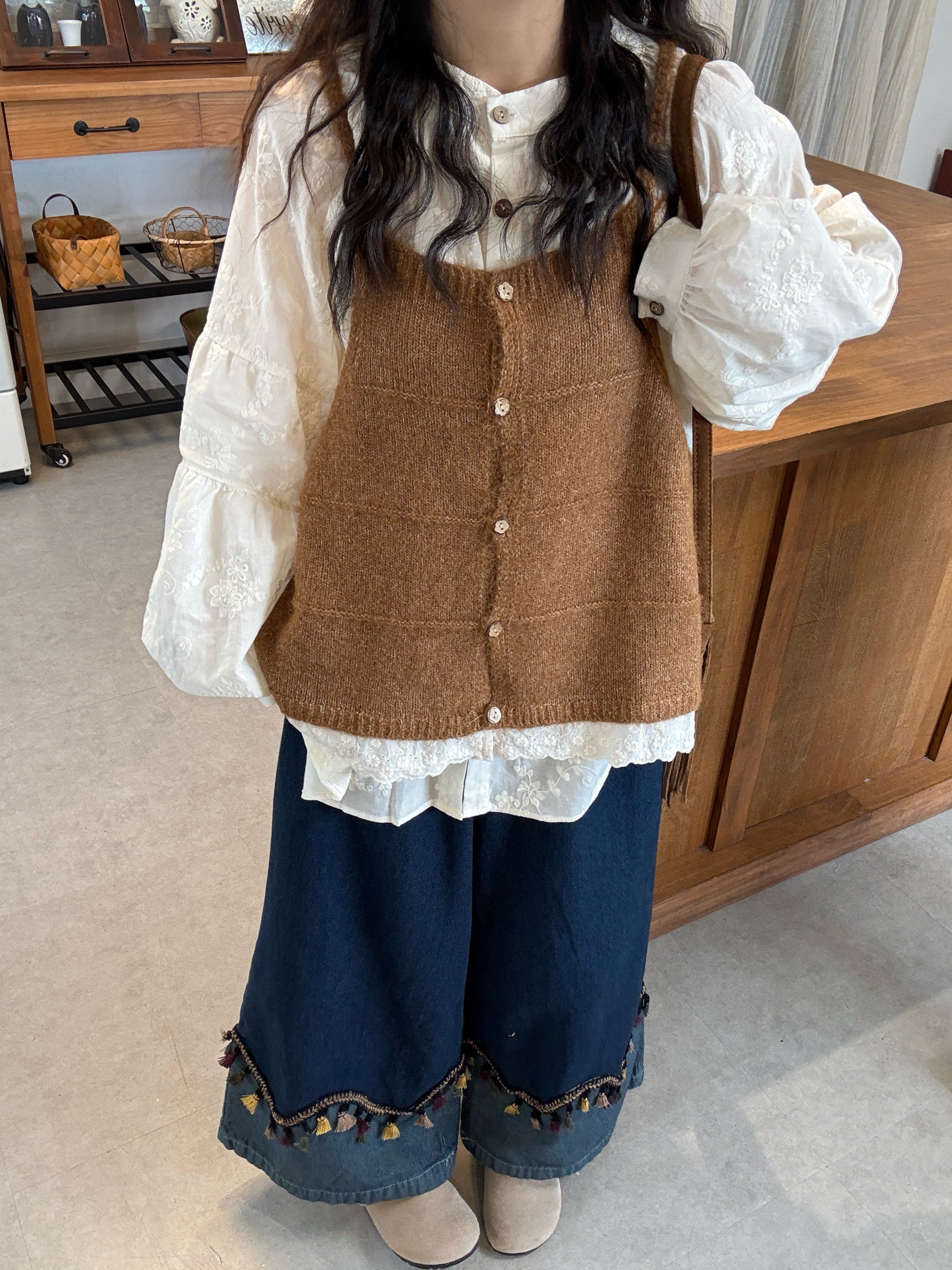 Plus Size Lace Vest Embroidered Shirt & Jeans Set - kawaii-inspired outfit in pastel colors - 91235480