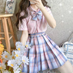 Pastel Plaid JK Skirt with Bow Tie Accent - kawaii-inspired outfit in pastel colors - 88227538