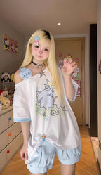 Cute Slanted Shoulder Cotton T-Shirt - kawaii-inspired outfit in pastel colors - 45368420