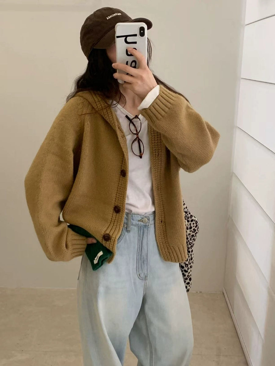 Korean Lazy-Style Hooded Knit Cardigan