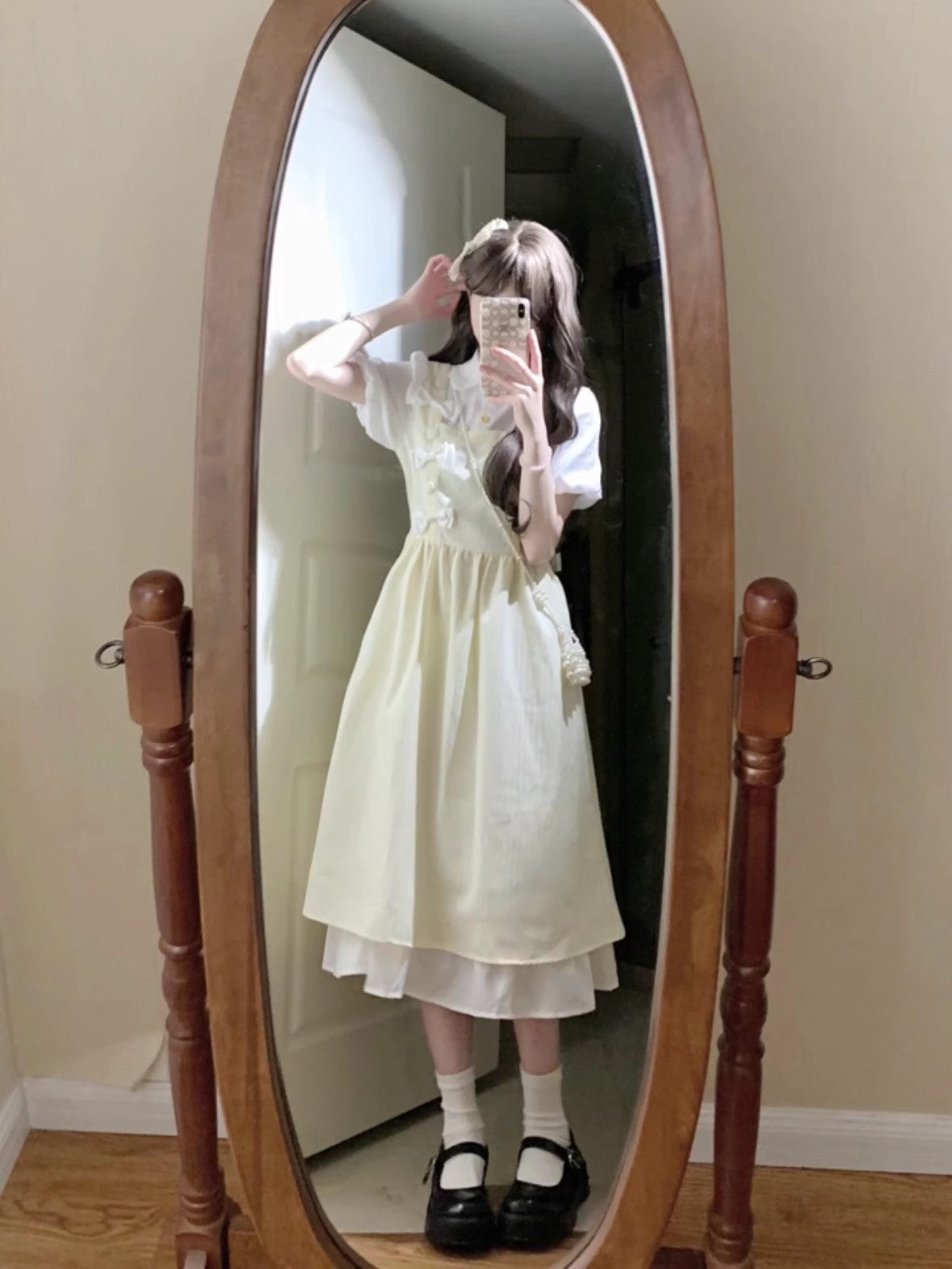 Lemon Cream Layered Bow Dress