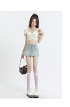 High-Waisted Denim Overlap Skort - kawaii-inspired outfit in pastel colors - 41915068