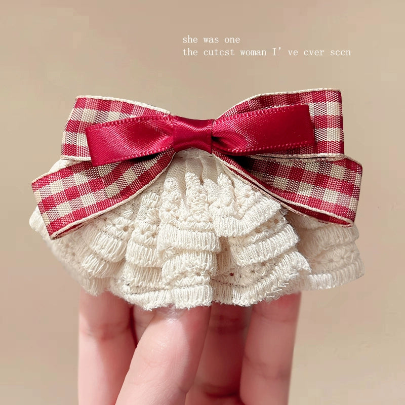 Sweet Gingham Ribbon & Lace Bow Hair Clip