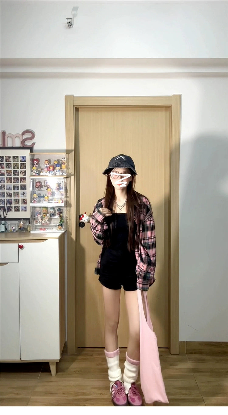 Oversize Vintage Plaid Shirt Jacket - kawaii-inspired outfit in pastel colors - 28899298