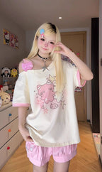Cute Slanted Shoulder Cotton T-Shirt - kawaii-inspired outfit in pastel colors - 36613575