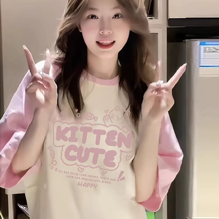 Color-Block Raglan Kitten Cute Cotton Tee