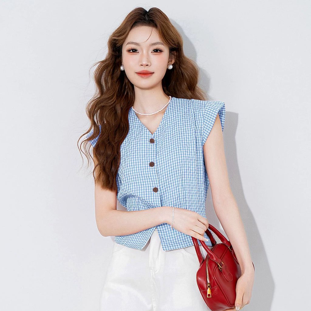 V-Neck Flying-Sleeve Gingham Blouse