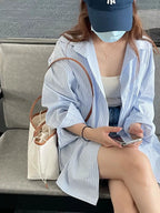 Blue Striped Summer Commuter Shirt - kawaii-inspired outfit in pastel colors - 20667410