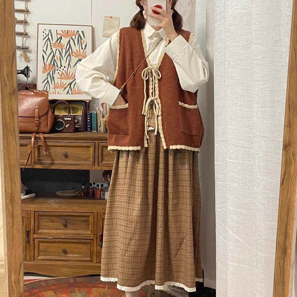 Japanese Retro Preppy Knit Cardigan Shirt Set