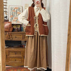 Japanese Retro Preppy Knit Cardigan Shirt Set - kawaii-inspired outfit in pastel colors - 86901712