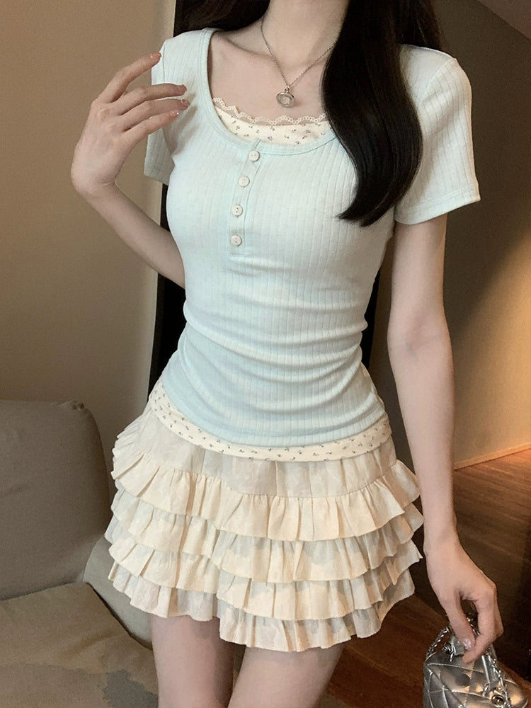 Fake Two-Piece Floral Short-Sleeve T-Shirt