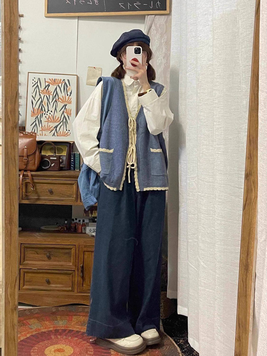 Japanese Retro Preppy Knit Cardigan Shirt Set