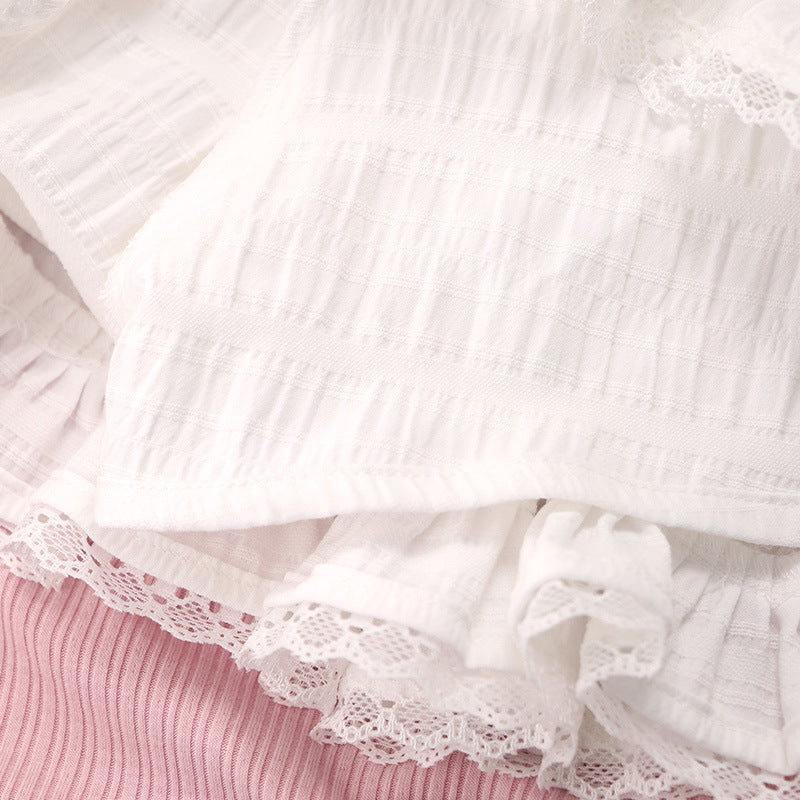 Pink Knit Top & Lace Trim Skirt Set