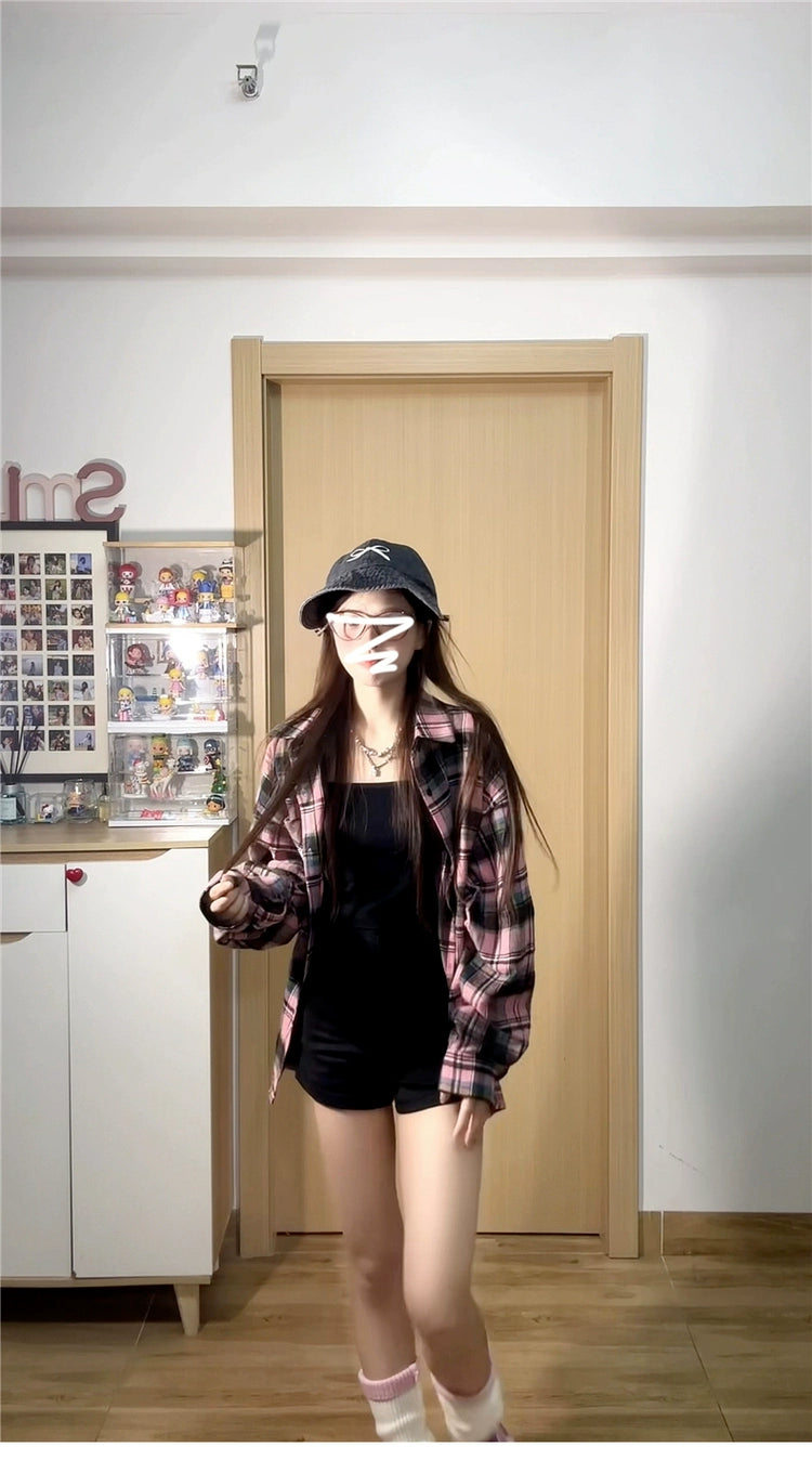 Oversize Vintage Plaid Shirt Jacket - kawaii-inspired outfit in pastel colors - 76510302
