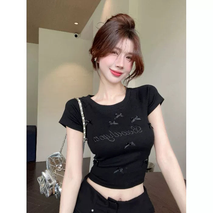 Retro Bow-Embellished Crop Tee