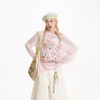 Pink Graffiti Sheer Off-Shoulder Knit Top - kawaii-inspired outfit in pastel colors - 57583483