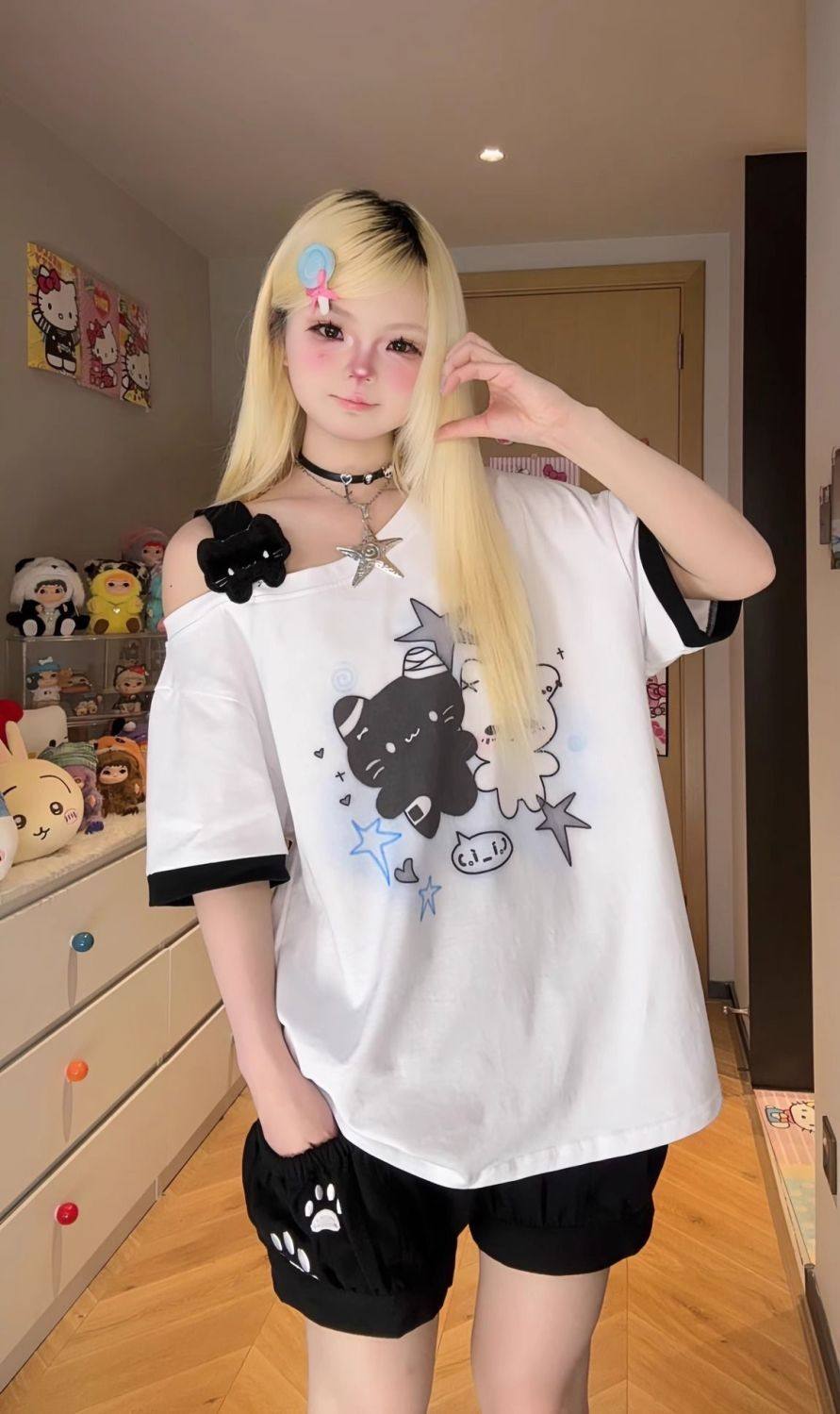 Cute Slanted Shoulder Cotton T-Shirt