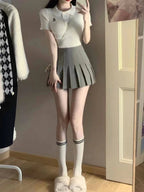Korean College Ribbed Top & Pleated Skirt Set - kawaii-inspired outfit in pastel colors - 82234808