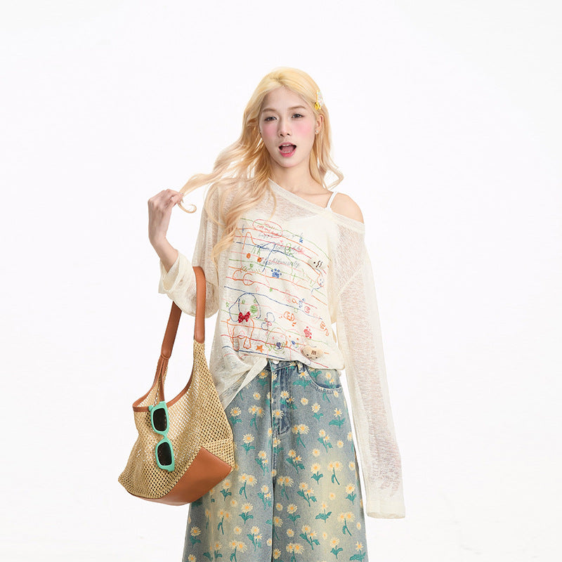 Pink Graffiti Sheer Off-Shoulder Knit Top