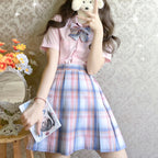Pastel Plaid JK Skirt with Bow Tie Accent - kawaii-inspired outfit in pastel colors - 95969204