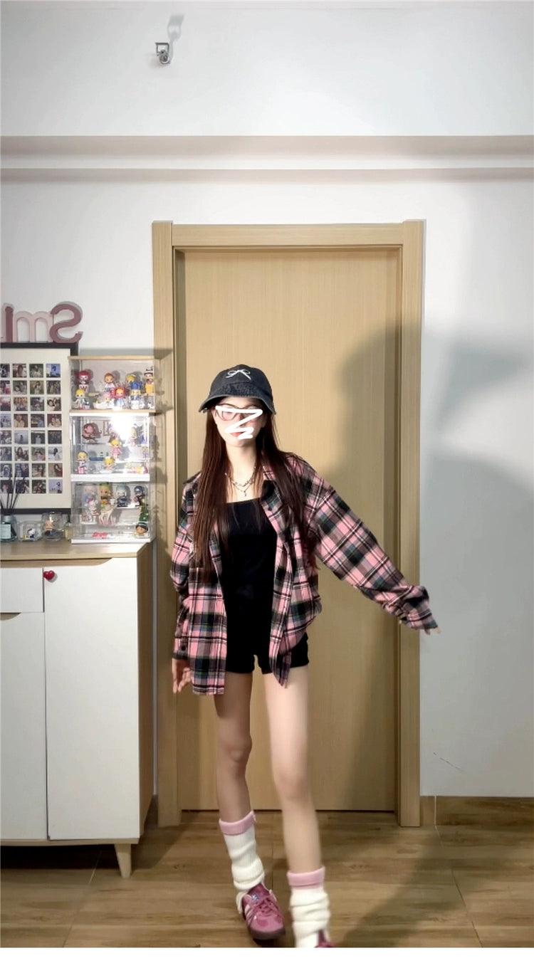 Oversize Vintage Plaid Shirt Jacket - kawaii-inspired outfit in pastel colors - 63742656