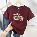 Cute Cartoon Shoulder Print Short Sleeve Tee - kawaii-inspired outfit in pastel colors - 29421501