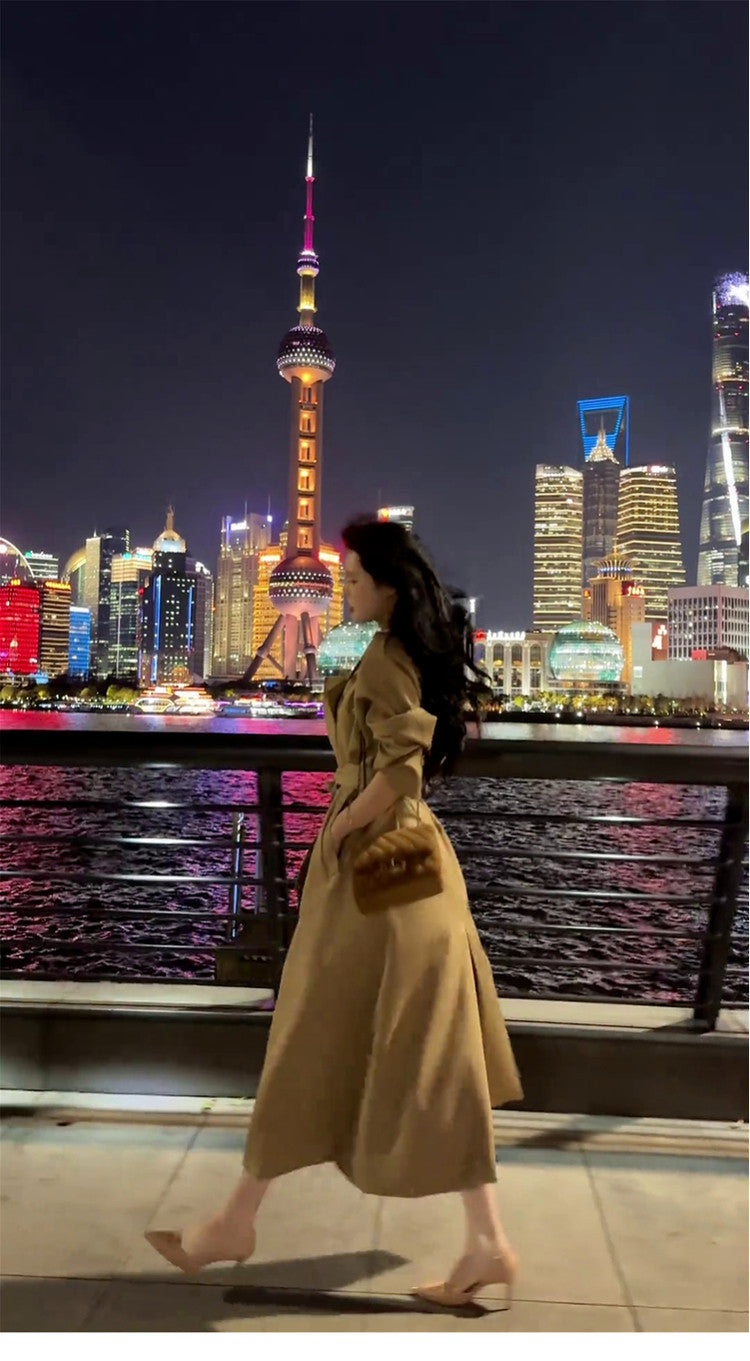 Korean High-End Khaki Trench Coat