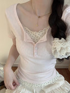 Fake Two-Piece Floral Short-Sleeve T-Shirt - kawaii-inspired outfit in pastel colors - 52951905